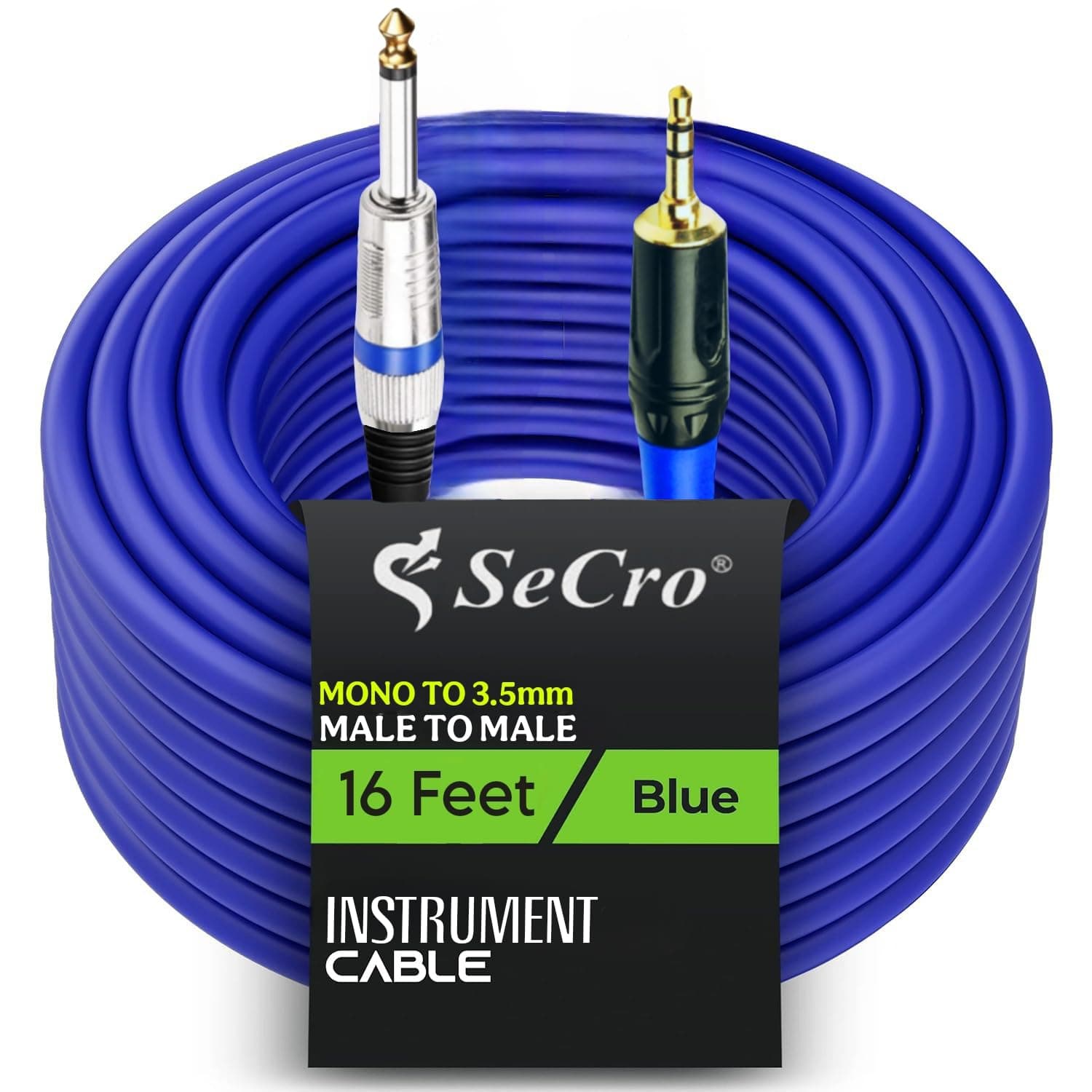 SeCro Instrument Cable - 6.35 1/4" Male to 3.5 1/8" Male TRS Stereo Audio Cable for Guitar,iPod, Laptop, Home Theater Devices,Smartphones,and Amplifiers (BLUE, 16Feet(5Meter))