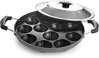 CELLO Non-Stick 12 Cavity Appam Patra with Dual Side Handles & Stainless Steel Lid, Black | Multipurpose Appam Maker, Litti Maker, Appe Stand, Grill Pan