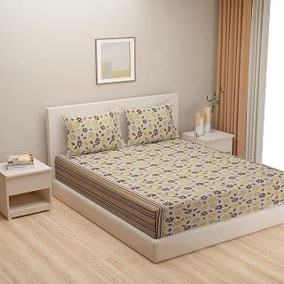 Swayam Pure Cotton Double Bedsheet with 2 Pillow Covers | Size 90 x 100 inch | 160 TC | Floral Design | Soft Breathable Bed Sheet | Comfortable & Durable for Bedroom - Yellow & Brown