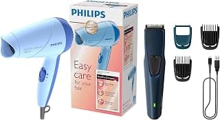 PHILIPS Battery Powered SkinProtect Beard Trimmer for Men - & Philips HP8100/60 Compact Hair Dryer| 2 Flexible heat setting| ThermoProtect prevents overhearting | 1000 Watts- Blue