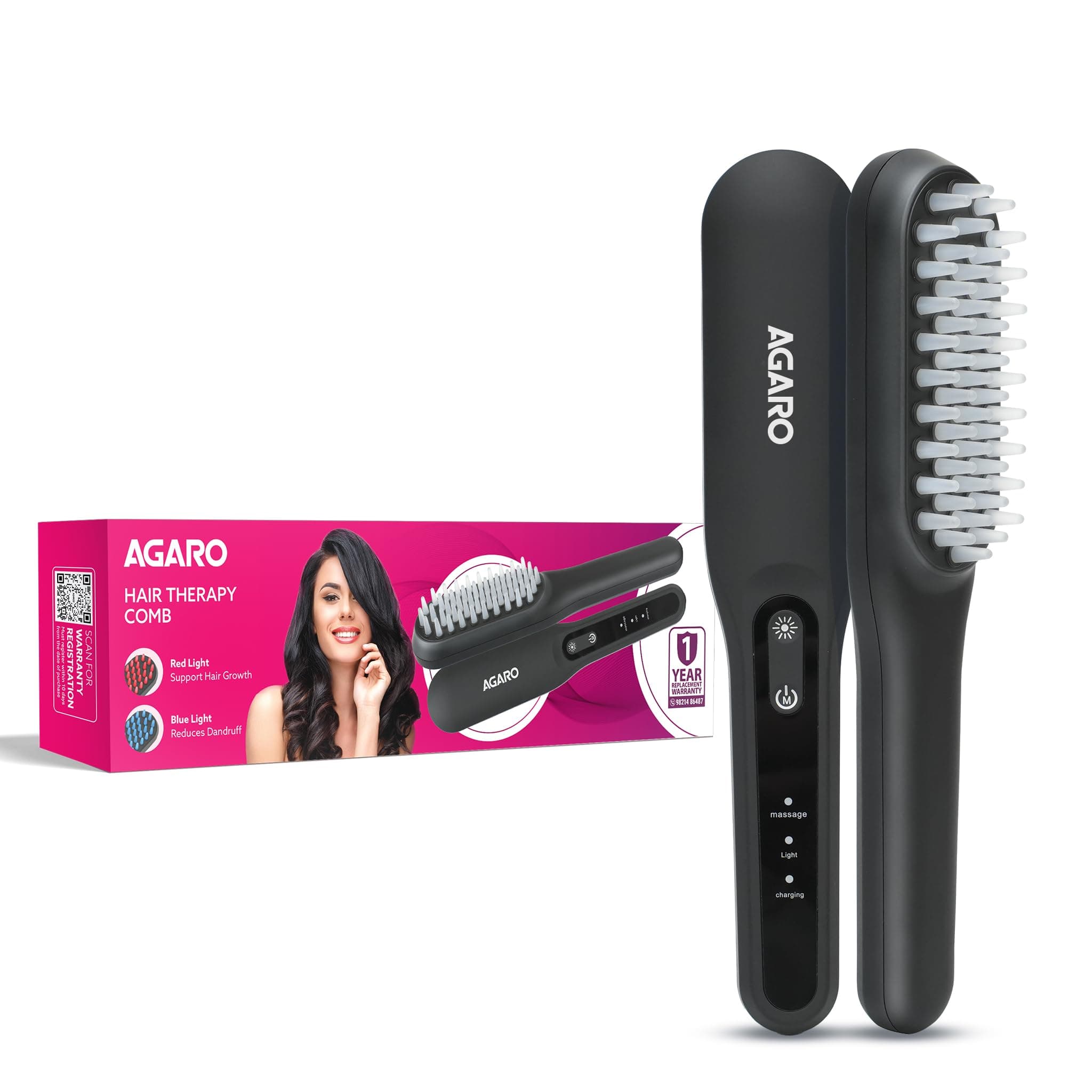 AGARO Rechargeable LED Hair Therapy Comb for Men & Women, Red & Blue Light Scalp Treatment with Vibration Massage, Helps Reduce Hair Fall, Supports Hair Growth, 120 Min Runtime, Grey