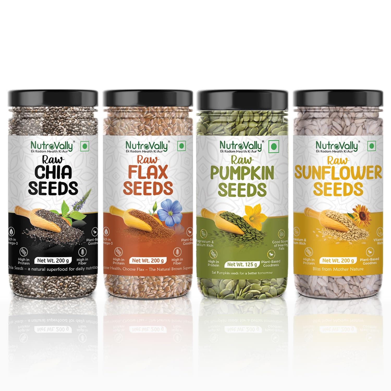 NutroVally Seeds Combo 725g Pack of 4 |Combo of Chia, Flax, Sunflower seeds 200g + Pumpkin125g |100% Natural Seeds Loaded with Omega 3|Super Seed for eating| combo pack with Balanced Texture and Crunch