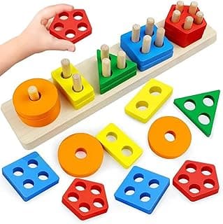 SHINETOY Montessori Wooden Shape Sorting & Stacking Toy | Educational Peg Board Puzzle for Toddlers | Color, Shape & Counting Learning Game