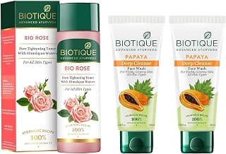 Biotique Papaya Deep Cleanse Face Wash For Visibly Glowing Skin All Skin Types 2x100ml & Biotique Bio Rose Pore Tightening Toner With Himalayan Water For All Skin Type 120 Ml