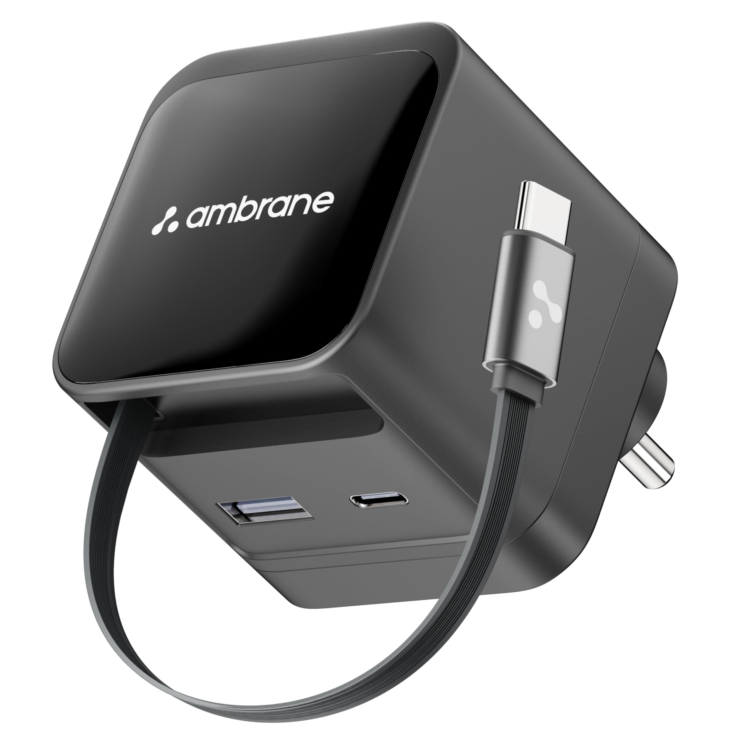Ambrane 65W GaN Superfast Wall Charger with Type-C Cable, 2 Ports (1 USB & 1 Type C) 65W Output Compatible with iPhone, Samsung, MacBook & Type-C Laptop, OnePlus, Nothing (Charge 65,Black)