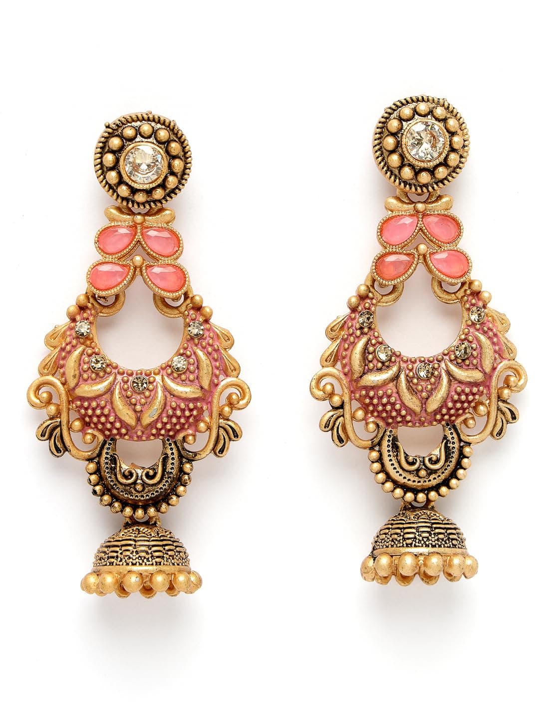 ADIVA Antique Gold-Plated Grey Hand-Painted Stone Studded Handcrafted Jhumka Earrings