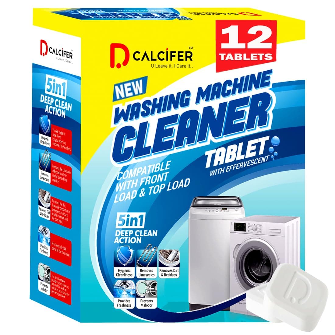 Dcalcifer Washing Machine Cleaner Tablet | Descaler For Washing Machine Front Load and Top Load | Washing Machine Cleaning Tablets | Descaling Powder Tablets For Drum & Tub Deep Clean Pack of 12