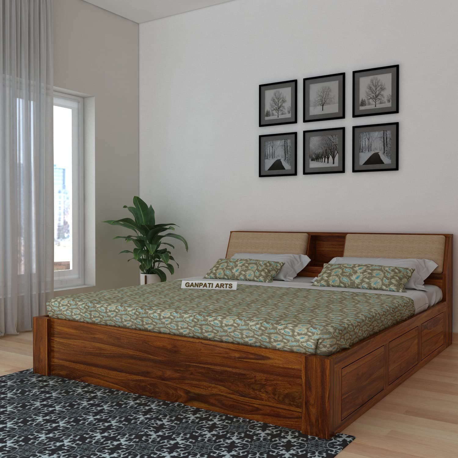 Ganpati Arts Solid Sheesham Wood Mayor Queen Size Bed with Box and Headboard Storage for Bedroom Furniture Solid Wood Palang Double Bed Wooden Living Room Furniture (Natural Finish)