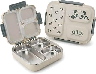 Allo Bento Stainless Steel Lunch Box for Kids- BIS Approved, 304 Stainless Steel 3 Compartment Leakproof Tiffin Box for Boys and Girls for School, Travelling, Baby Snacks, 740ml Green Panda