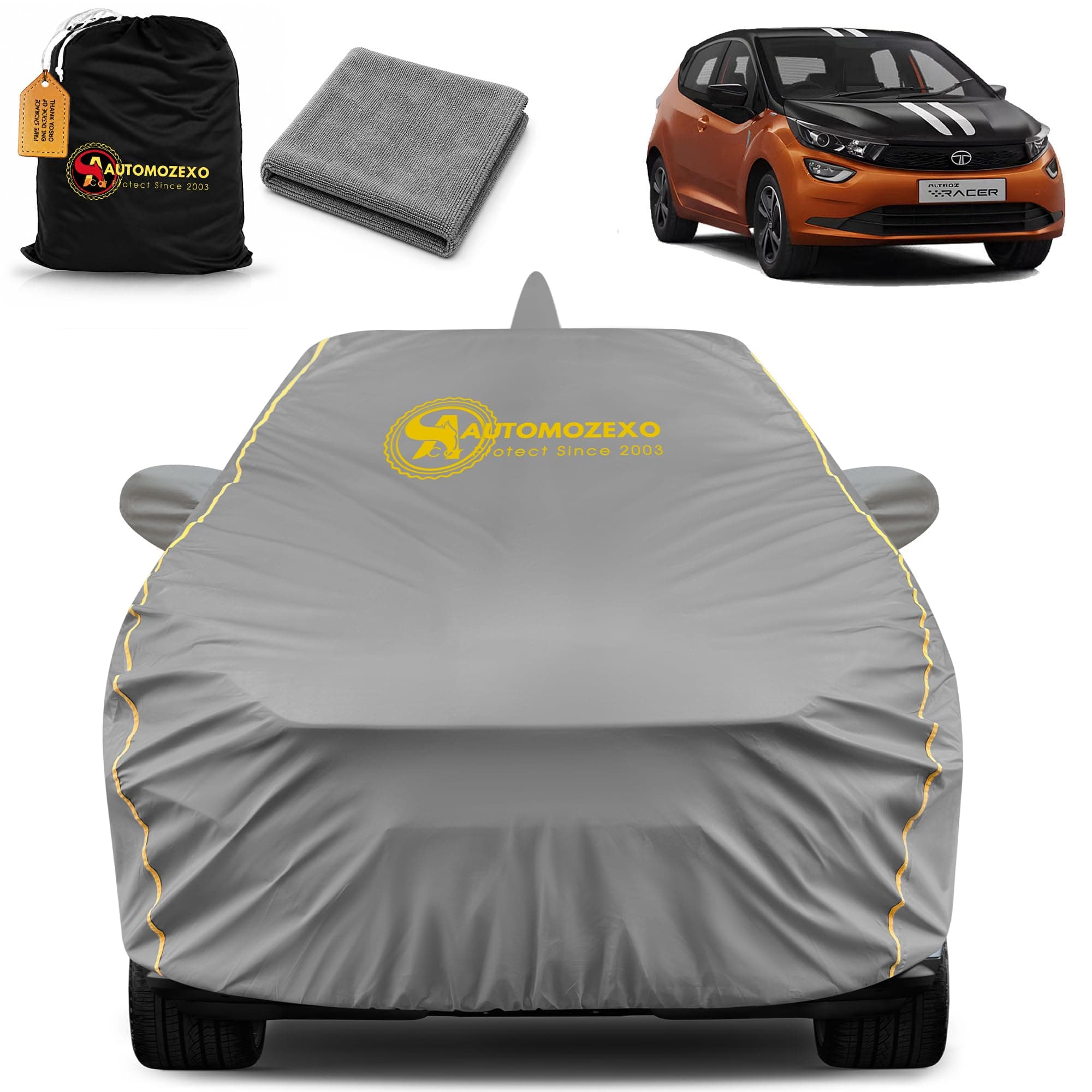 AUTOMOZEXO Tata Altroz Racer 100% Waterproof Car Cover for All Weather Protection with Mirror & Antena Pocket Inner Cotton Triple Stitched Cover with Adjustable Belt Bottom Elastic to Secure Fit -Grey
