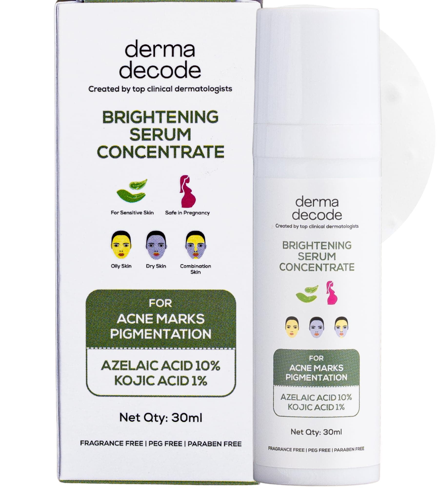 Derma Decode Azelaic Acid Serum with 10% Azelaic Encapsulated, 1% Kojic Acid, Face Serum for Triple Action Skin Brightening and Acne, Removes Pigmentation, Redness, Acne Marks and Dark Spots - 30ml