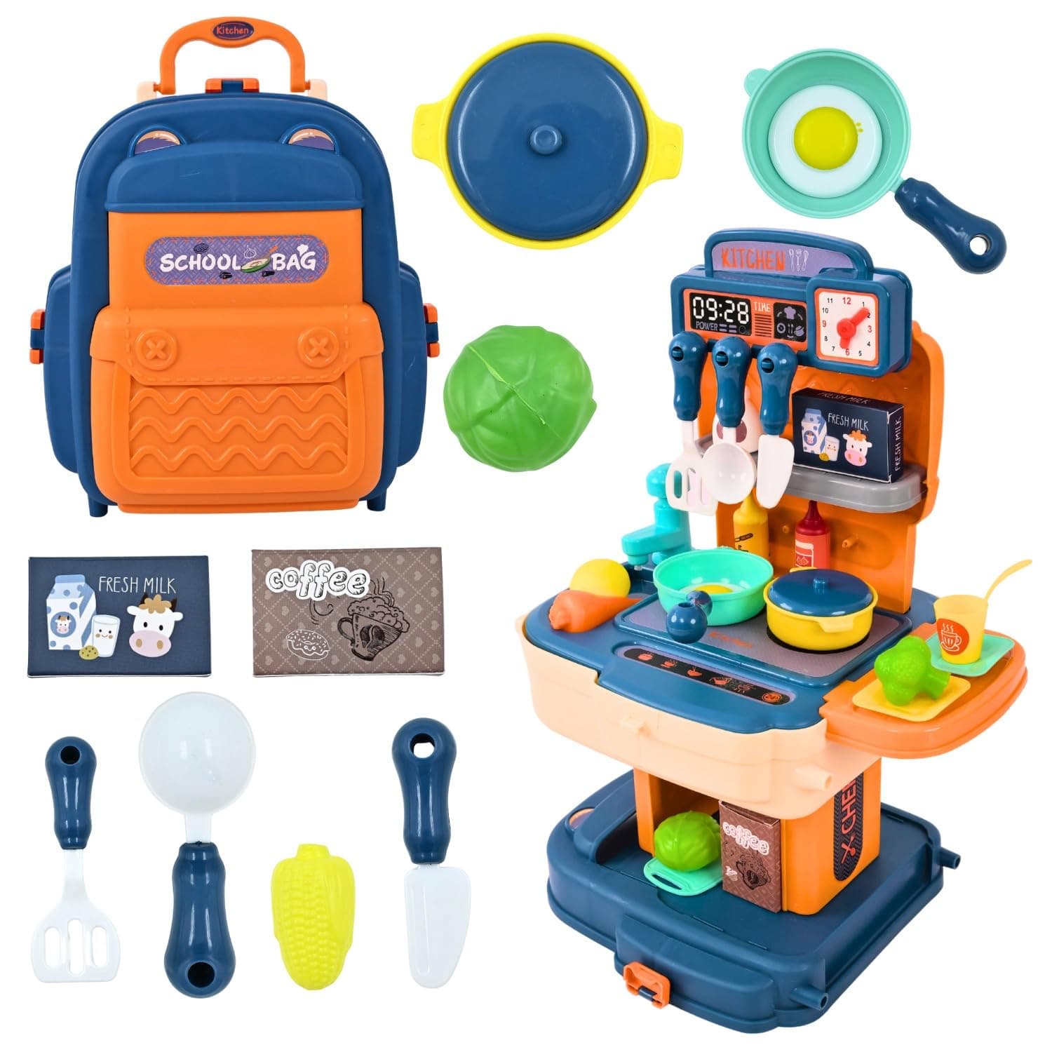 Cable World 2 in 1 Kitchen Playset for Kids, School Bag Type Kitchen Set for Girls, Portable Pretend Food Party Role Cooking Kitchen Play Set Toy for Boys and Girls (Blue)