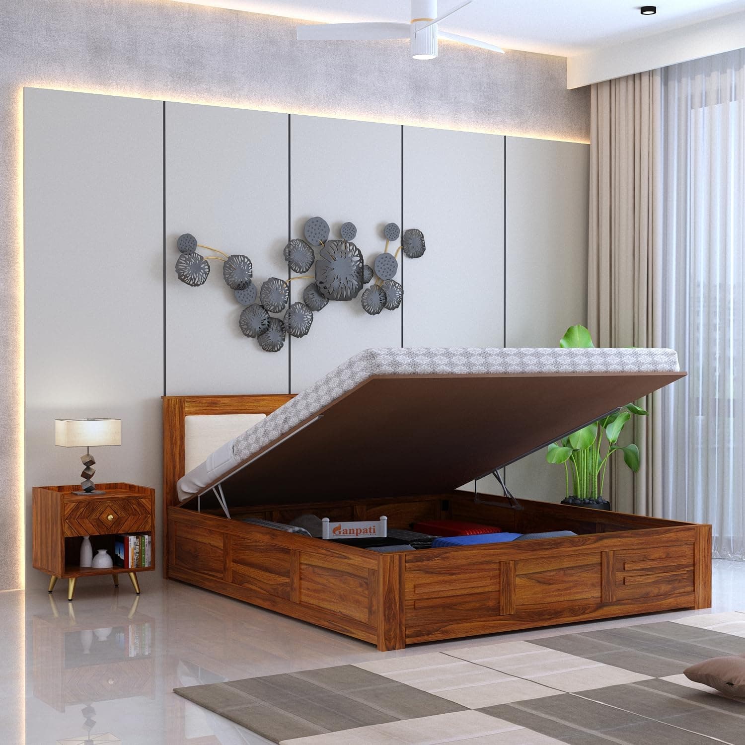 Ganpati Arts Solid Sheesham Wood Swiss King Size Bed with Hydraulic Storage and Headboard | Wooden Double Bed Cot Palang Furniture for Bedroom, Guest Room, Hotels, and Home (Natural Finish)