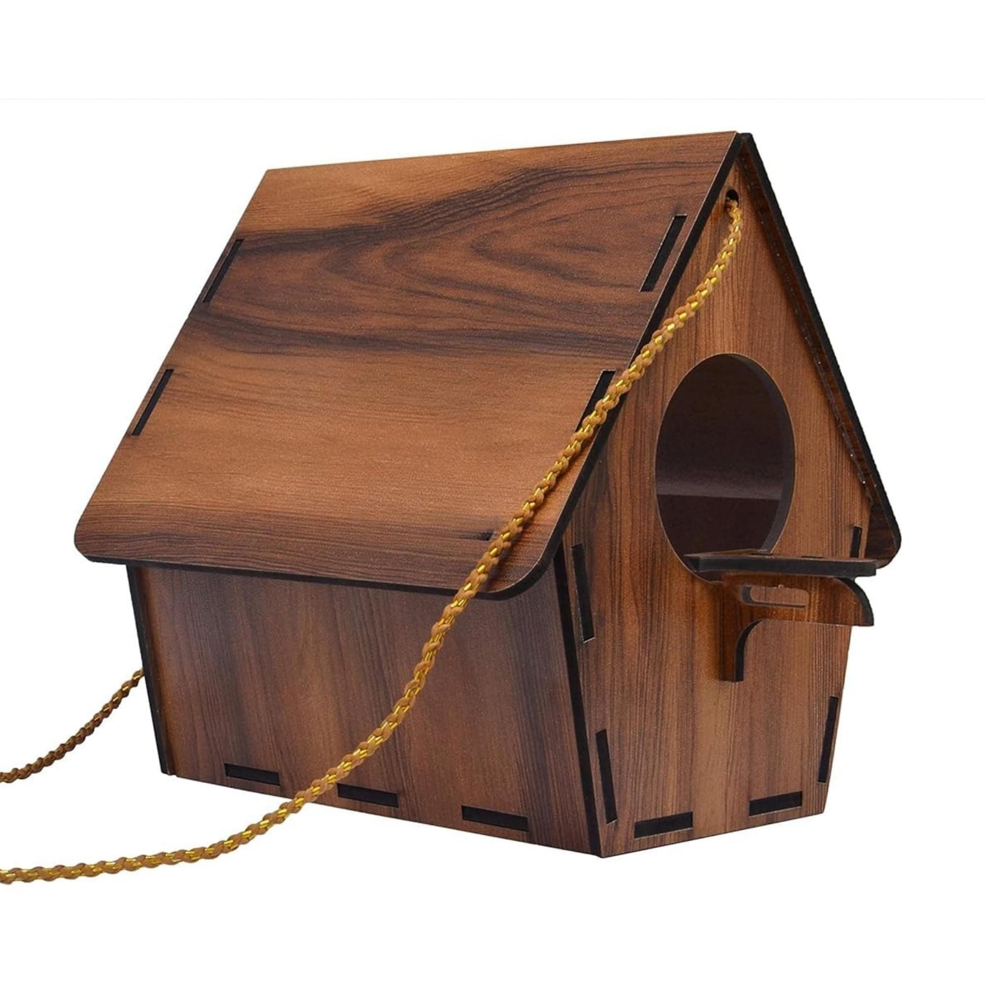 FLORIXA IMPEX Wooden Bird House | Hanging Birdhouse with Rope | MDF Wood Texture Bird Feeder Shelter for Small Birds | Natural Wood Finish | Outdoor Garden Bird Home