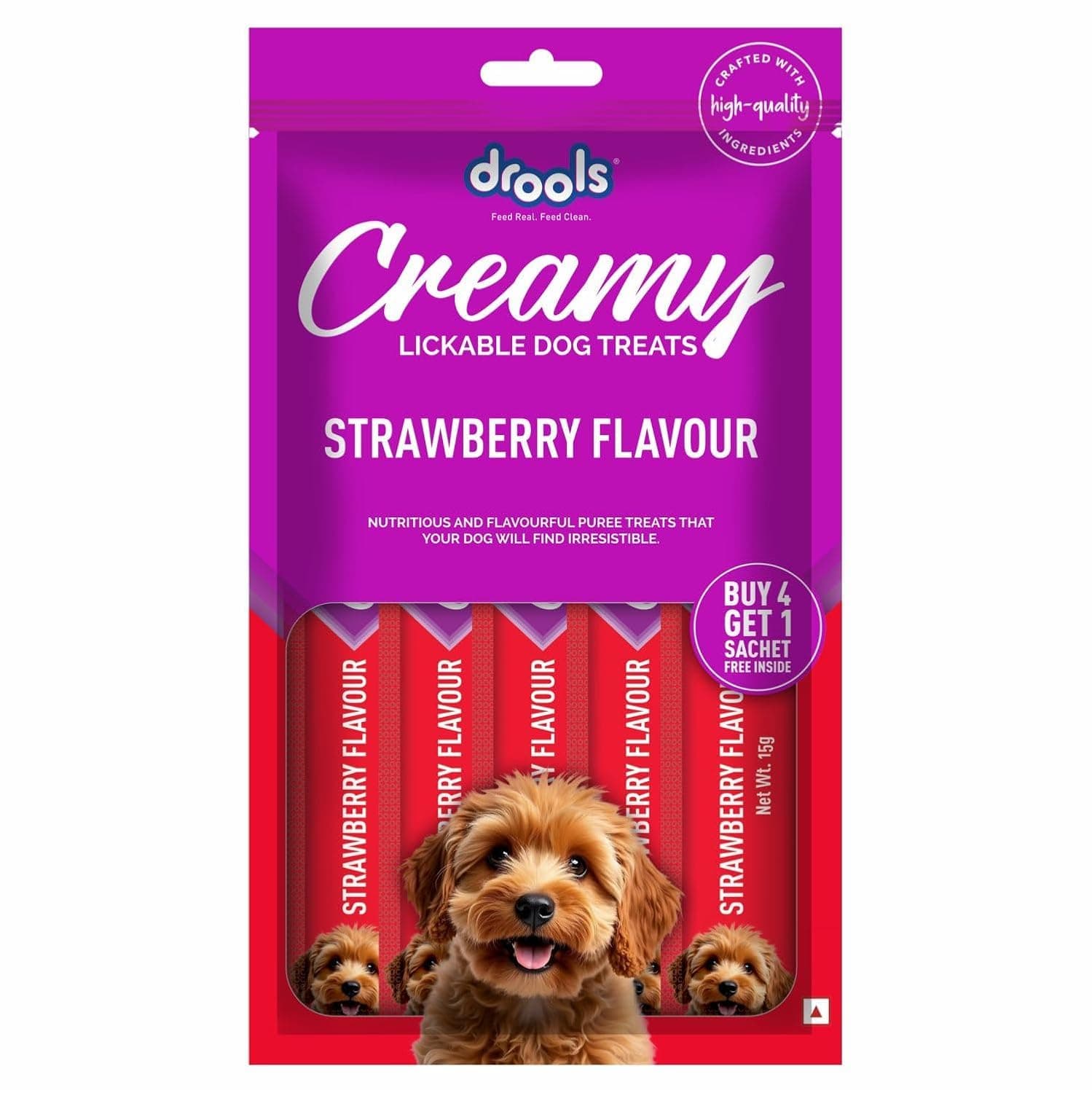Drools All Life Stages Dog Treats Creamy 5 Sticks Tasty & Nutritious Snack for All Breeds (15g x5) 75g | Strawberry Flavour | Ideal for Training | Supports Hydration | Boost Muscle Health