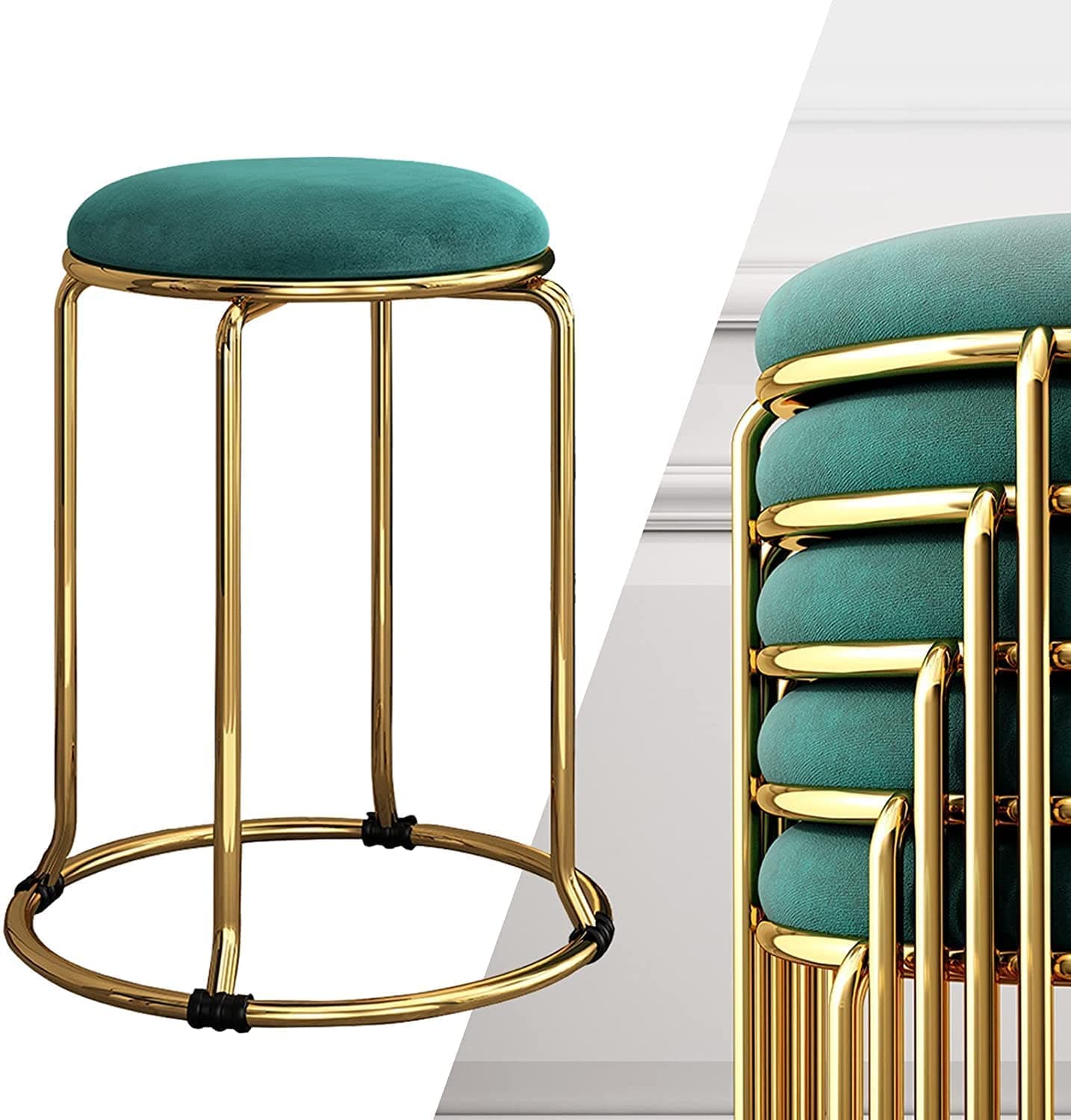 Nutech Decor Velvet Stool Green Top Metal Frame Vanity & Makeup Chair | Stackable Dining & Kitchen Seating | Golden Legs | Multipurpose Stool for Home, Salon & Living Room (46 cm) (4 Pieces)