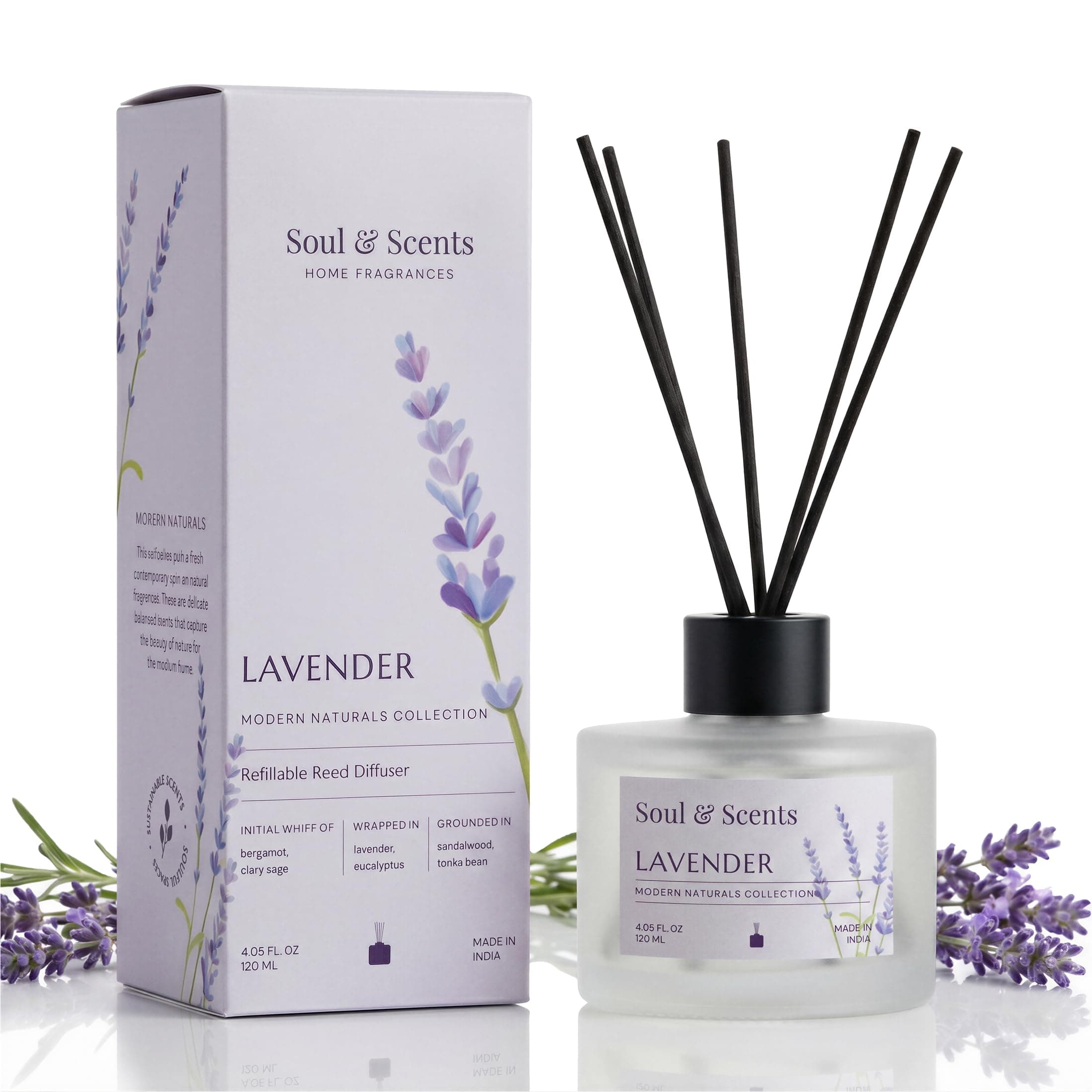 Soul & Scents Glass 120ml Lavender Reed Diffuser Set | Free 6 Fiber Reed Sticks | Stress Relief & Aromatherapy | Long-Lasting, Smoke-Free Air Freshener for Home, Bedroom & Office | Ideal for Gifting