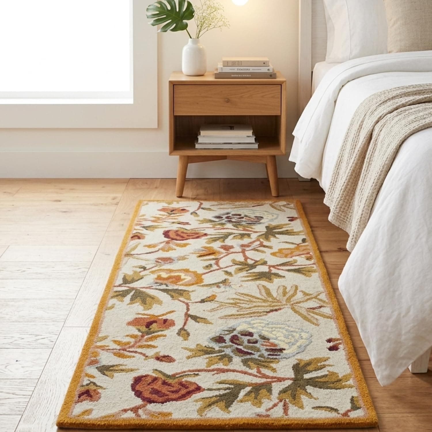 RUG PALACE Runner Rug for Bedroom, Living Room - Wool, Beige, 2 x 6 Feet, Floral Tufted, Antiskid Thick Floor Carpet for Bedside, Kitchen, Hallway & New Home, Cotton Latex Backing, Kashmiri Design Rug