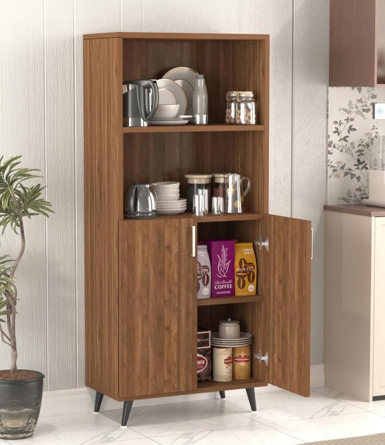 DesignFit Engineered Wood Kitchen Storage Cabinet with 2 Door & 2 Open Shelves | Multipurpose Cupboard Organizer for Crockery Dining Living Room Office | Wooden Sideboard Rack for Home (Walnut Finish)