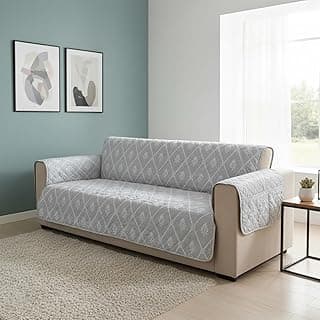 House of Quirk 'Mughal Series' Anti-Slip Sofa Cover Mat with Pocket | Polyester Couch Protector for Pets, Kids & Spills (Grey Canvas, 180x170cm, Three Seater)