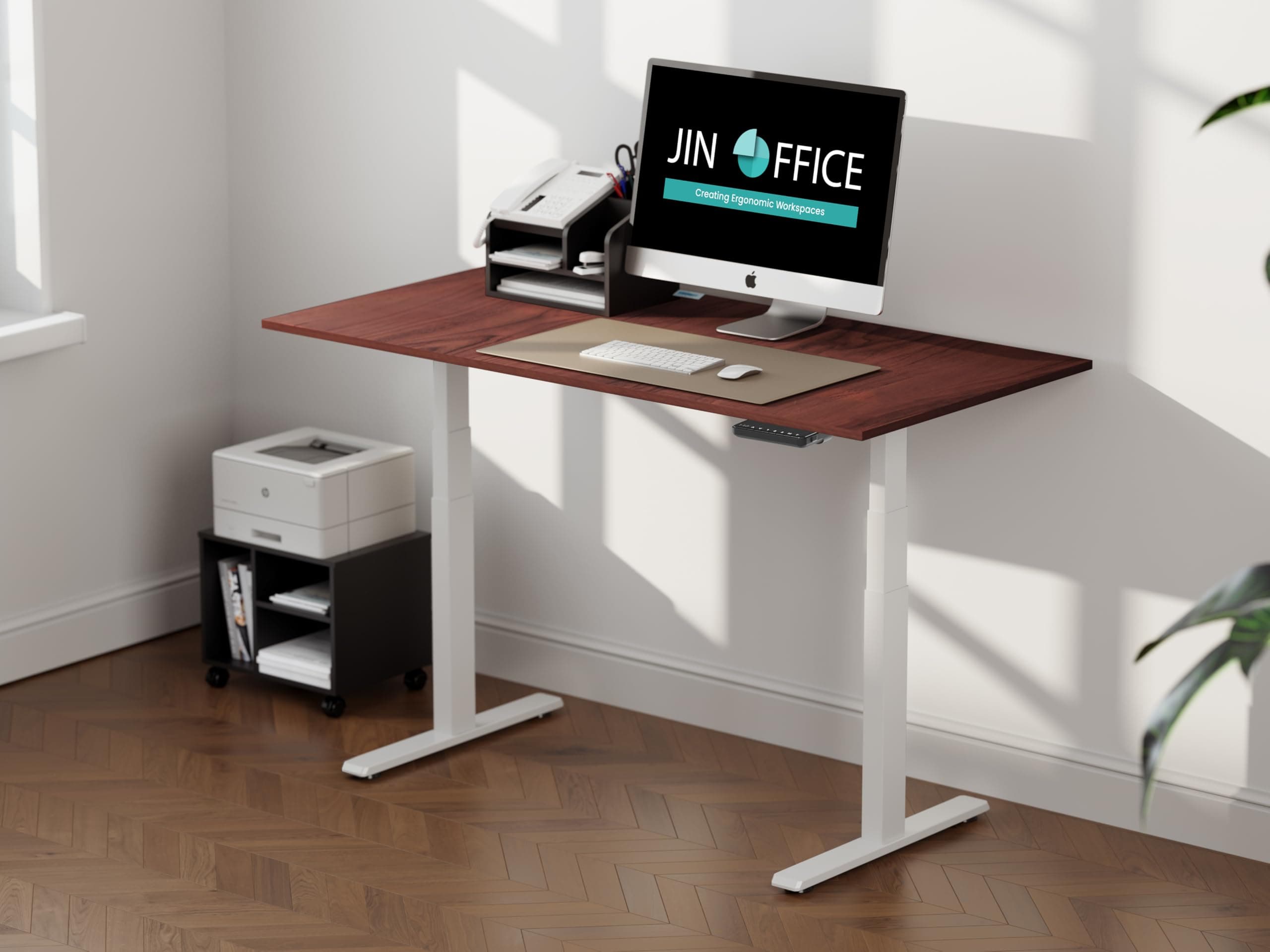 JIN OFFICE Titan Premium Dual Motor 3-Stage Electric Height Adjustable Desk| Sit Stand Table for Home| Standing Desk with 125Kg Wt. Cap, 3 Year Warranty| 3 Memory Presets| White & Brown| 1200 * 750mm