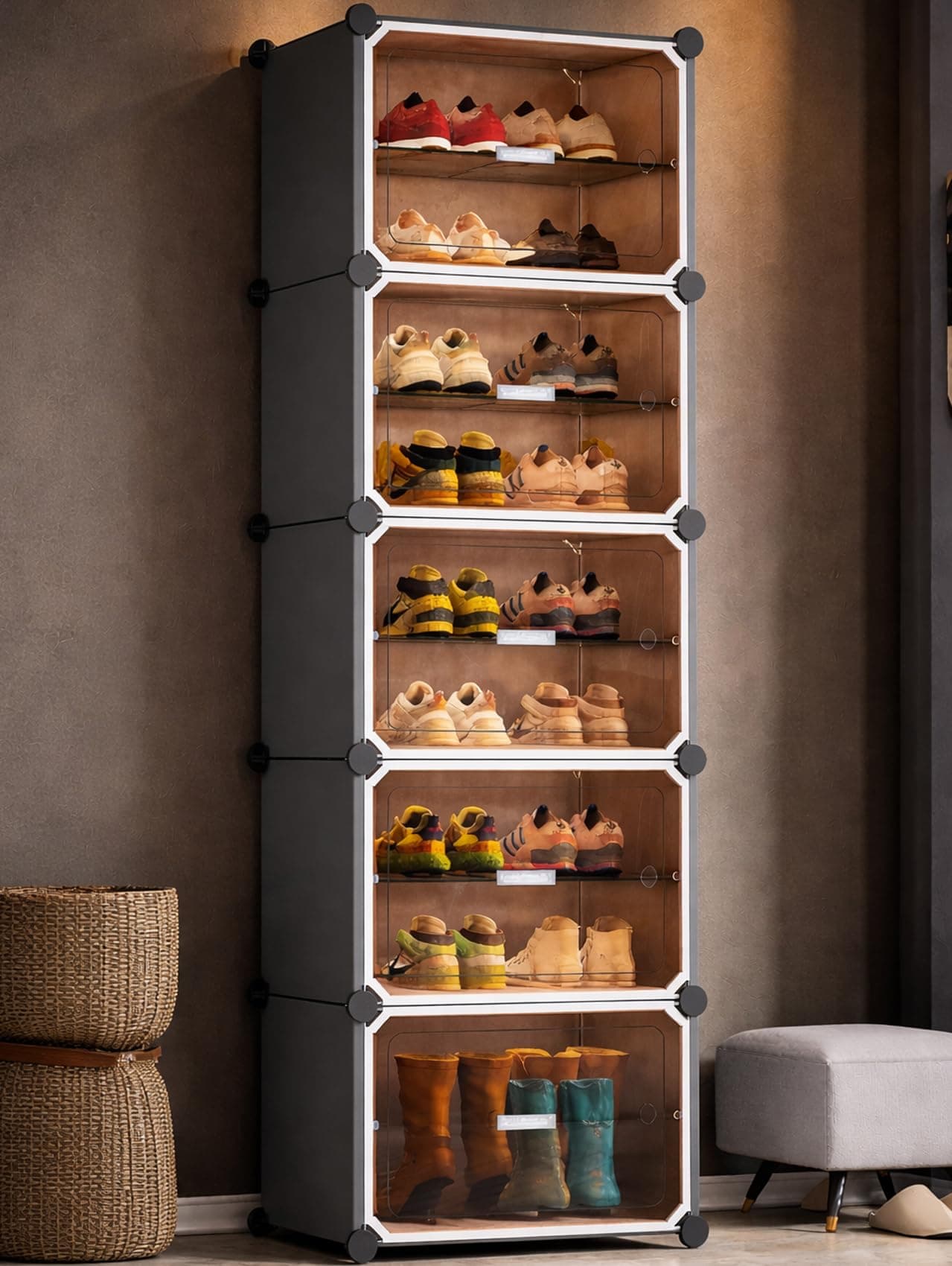 Zemic Plastic Shoe Rack for Home | 𝟏𝟎 𝐒𝐡𝐞𝐥𝐟 DIY Shoe Rack with Door 𝐌𝐚𝐠𝐧𝐞𝐭𝐬 for Home Storage Plastic Box Organizer, Metal Door Frame, Chappal Slipper Sandals Stand【Grey, 10-SHELF-5-DOOR】