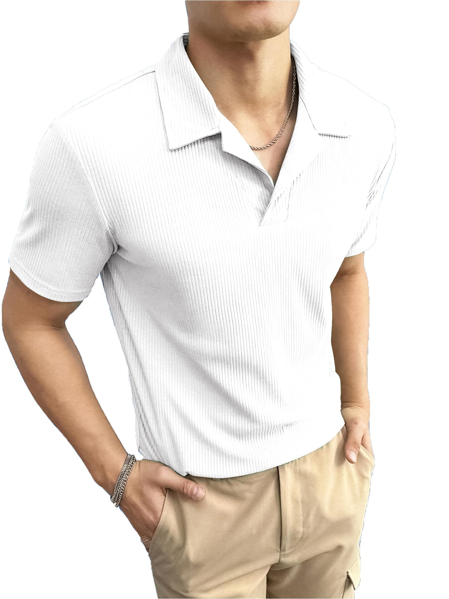 Jump Cuts Mens Solid Textured Plain Polo Neck Half Sleeve White Cottonblend T-Shirt