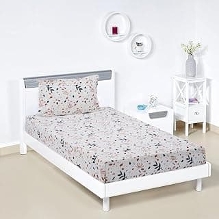 Amazon Brand - Solimo Calico Meadow 144 Tc 100% Cotton Single Bedsheet with 1 Pillow Covers, White, Floral
