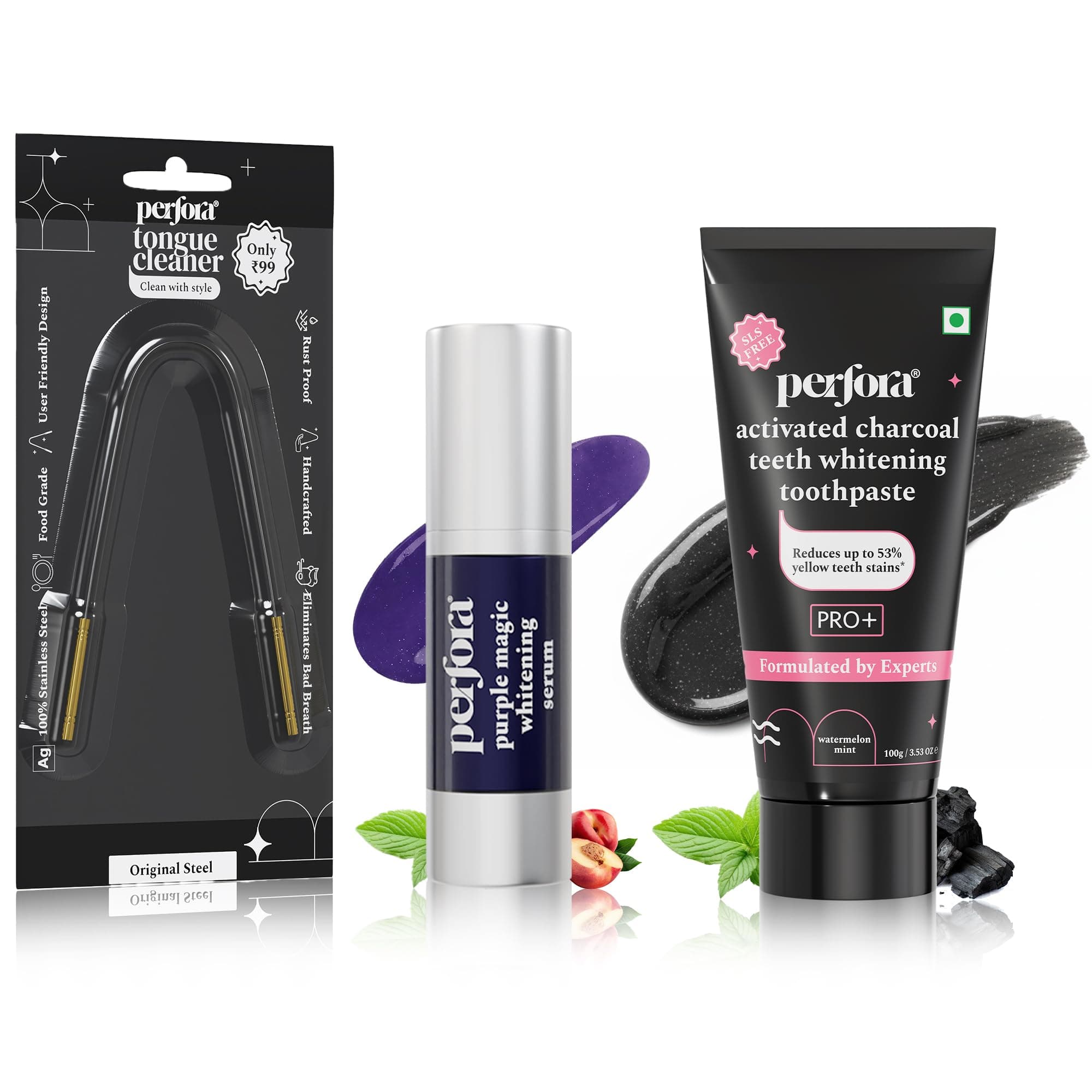 Perfora Luminous White Oral Care Combo: Purple Magic Whitening Serum, Charcoal Watermelon Mint SLS Free Toothpaste For Adults & OG Tongue Cleaner | v34 Colour Corrector for Teeth | Enamel Safe & Effective Oral Care