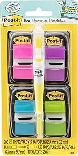 Post-It Flags, 1-Inch, Ideal for Marking and Flagging Paper Docs, Asstorted Colors, 50 Per Dispenser, Four Dispensers Per Pack, Bonus Free Flag + Highlighter Pen