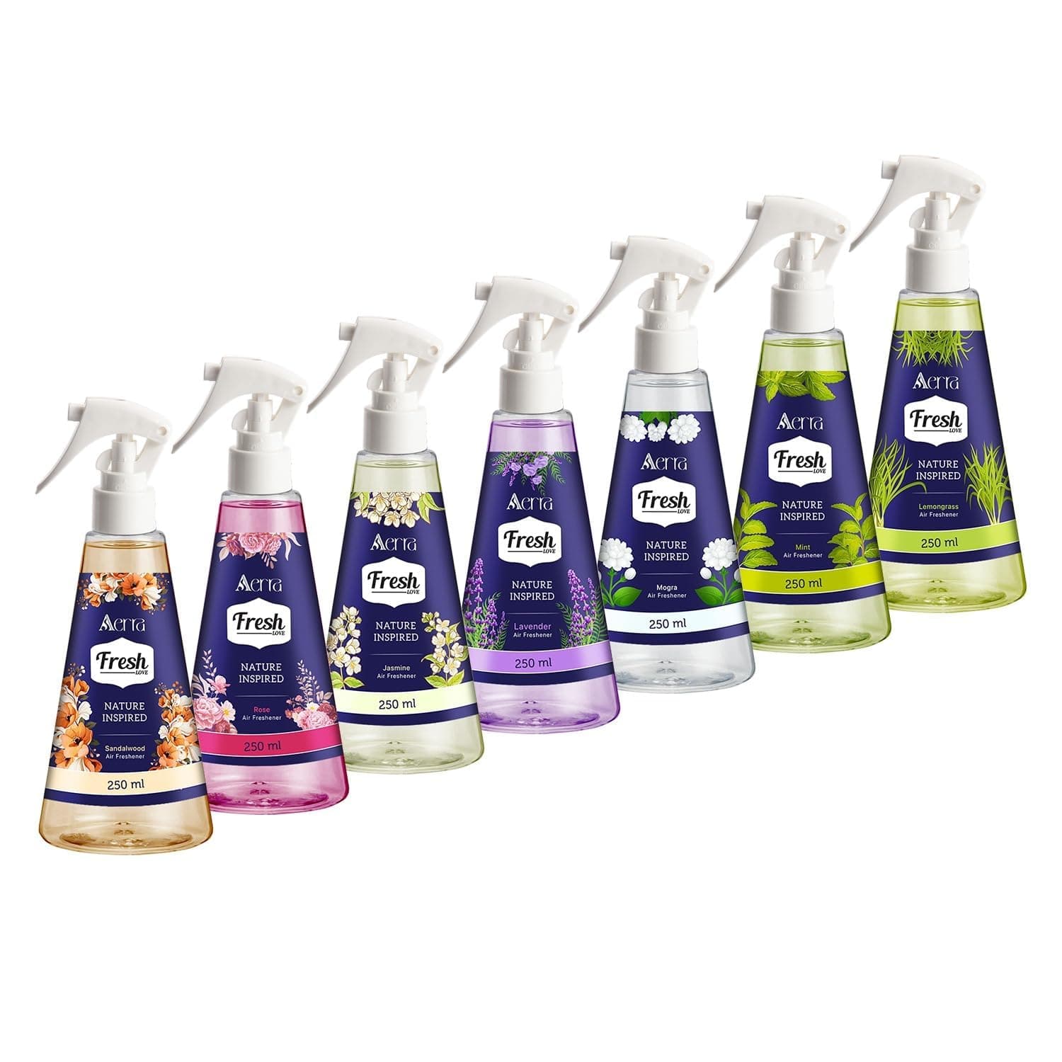 Aerra Sandalwood, Mogra, Jasmine, Lavender, Rose, Lemongrass, Mint, +1 Surprise Scent Air Freshener Spray Combo, 8x250ml – Supreme Bliss Edition, Pooja Room, Car, Office, Non-Aerosol Odor Eliminator