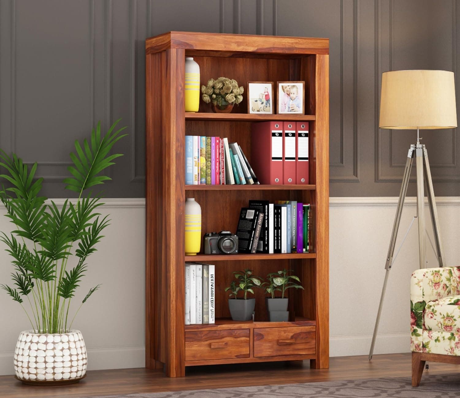 CRAFT D ARTS Solid sheesham Wood Book Shelf with Racks Storage| Library Bookshelf | Wooden Book Cabinet Office & Home Living Room| Bookcases Furniture (Honey B)