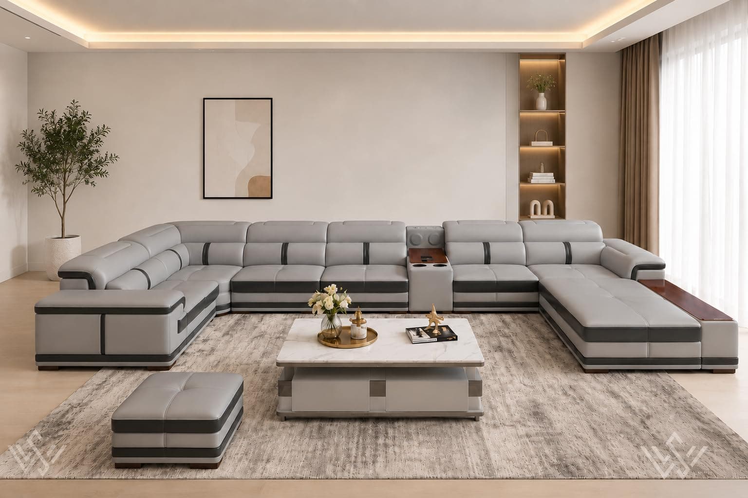 Woodsfreak Luxury 8 Seater U Shape Sofa Set | White Leatherette Sectional Couch with Cup Holders Without Centre Table for Your Living Room/Office/Dining Room/Hall (Color - Grey) Pack of 1