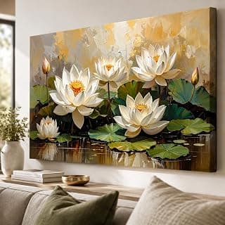 KunjCart White Lotus Wall Painting Big Size (FRAMED & UNFRAMED OPTIONS )– Artistic Lotus Painting for Wall Vastu Landscape, Lotus Flower Painting for Living Room, Bedroom & Home, Luxury Lotus Canvas Painting