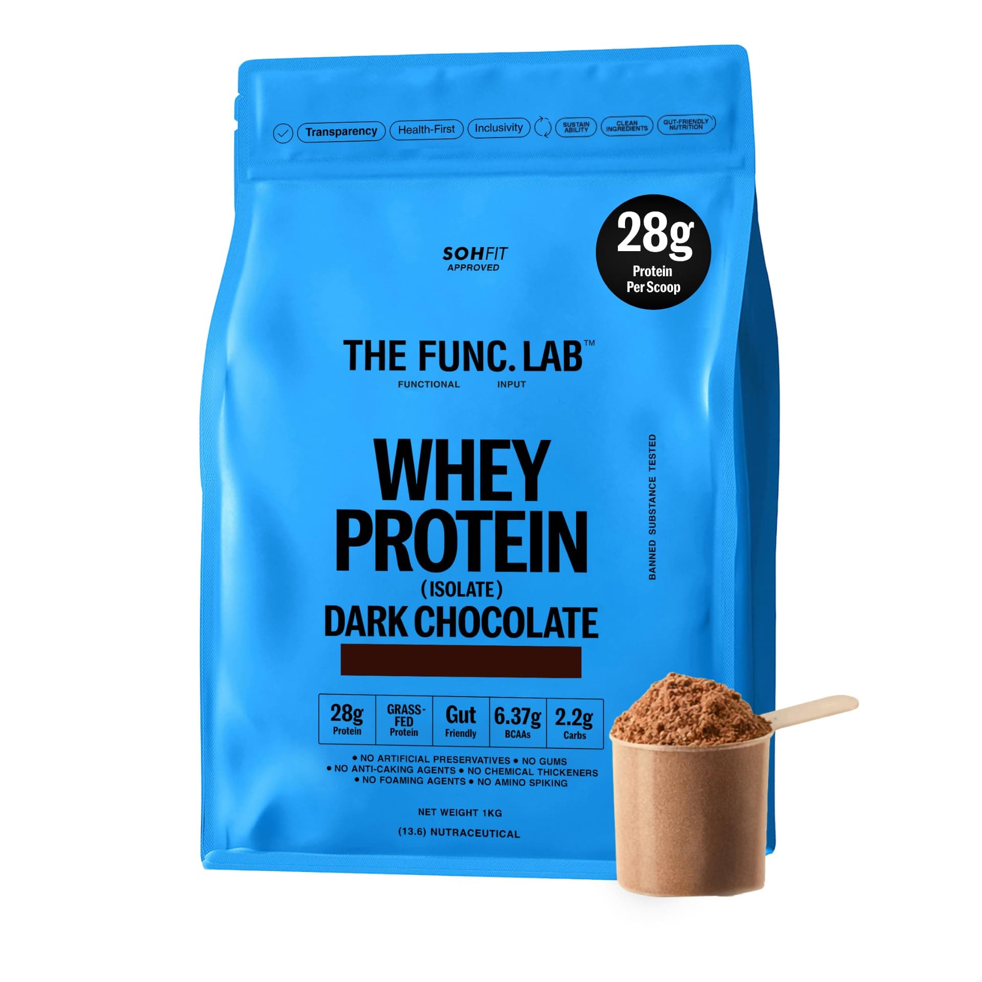 The Func. Lab Whey Protein Isolate - Dark Chocolate | 1kg | Grass‑Fed, 28g Protein, 6.37g BCAA per Scoop | High Protein Supplement for Muscle Growth, Digestion and Absorption Support