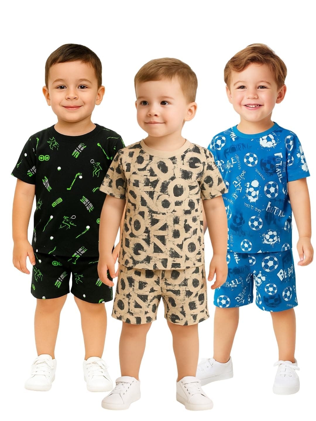 UZARUS Kids Boys’ Printed T-Shirt and Shorts Combo Set | Comfortable Summer Wear | Daily Casual Outfit | (Pack of 3)