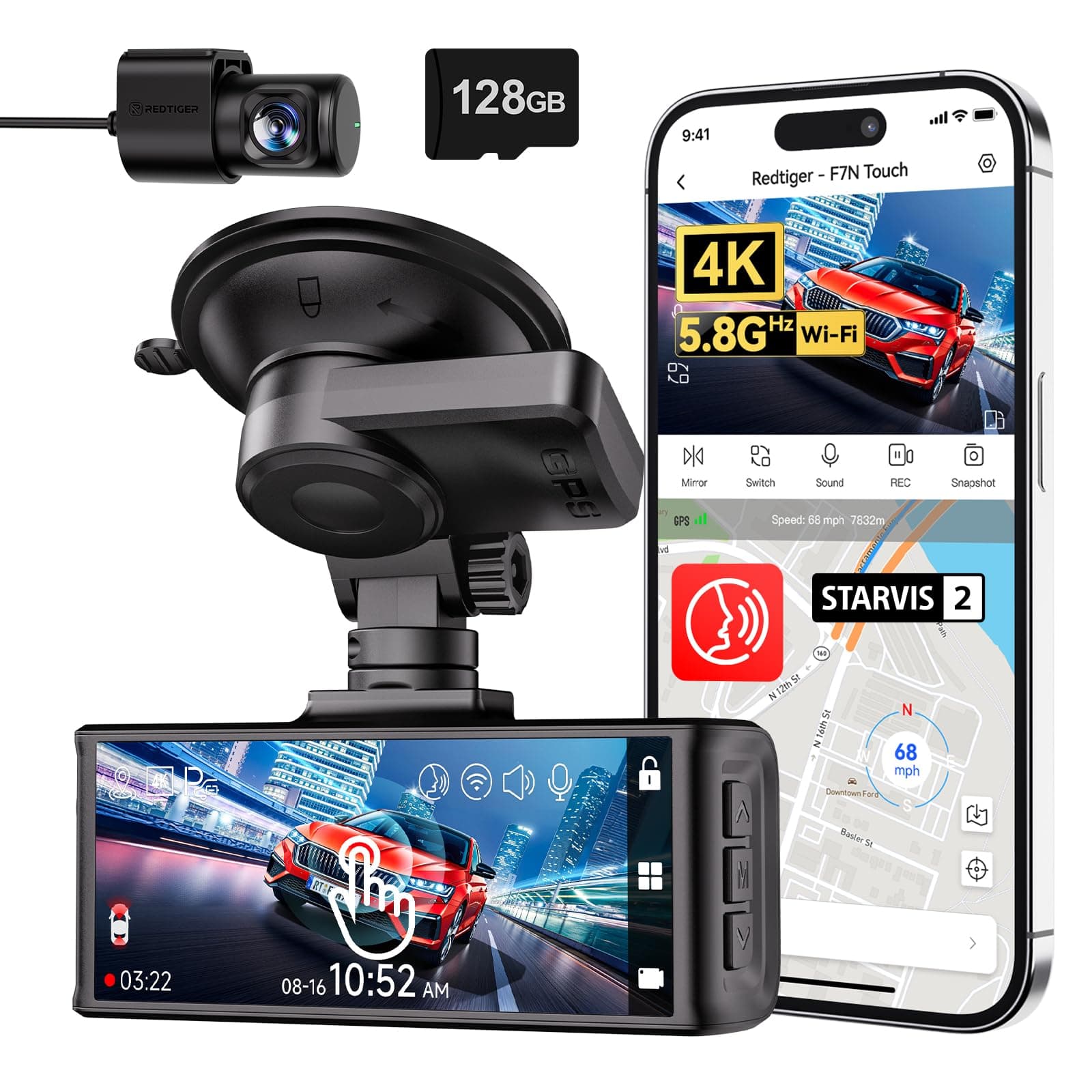 REDTIGER F7NT 4K Dual Channel Dash Cam, STARVIS 2 Sensor, 3.18" Touch Screen, Built-in 5GHz WiFi & GPS, Voice Control, Night View, WDR, Loop Recording, Parking Mode, 128GB Card Included