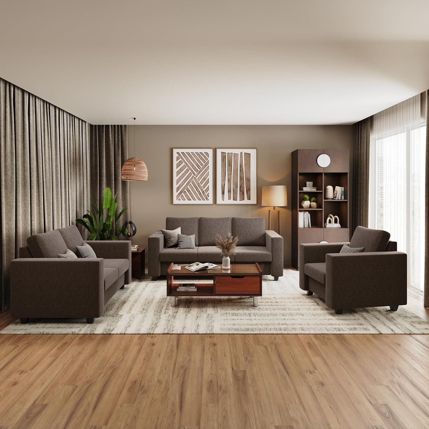 Interio by Godrej Sofa Magnate 6 Seater Fabric Sofa Set (3+2+1) for Living Room, 1-Year Warranty, Solid Wood, Brown