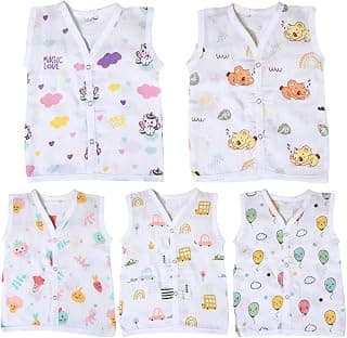 MumsLap MumsLap Organic Cotton Muslin Jhablas for New Born Baby Boy and Girl 0-12 Months (Set of 5) | Pack of 5 | Beautiful Prints Jabala | Sleeveless Vest | Perfect Baby Shower Gifts