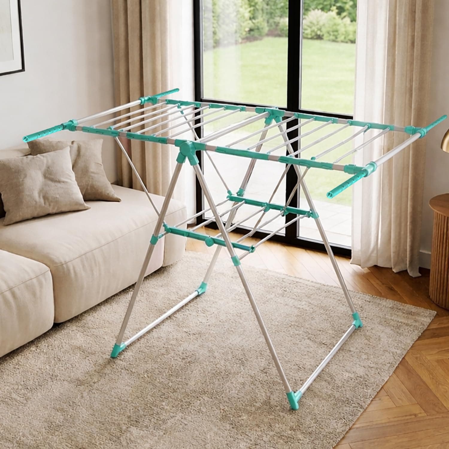 Amazon Brand - Solimo Cloth Drying Stand with Extendable Rods | Dimensions: 135 * 79 * 14 Cm (Sea Green and White) Iron