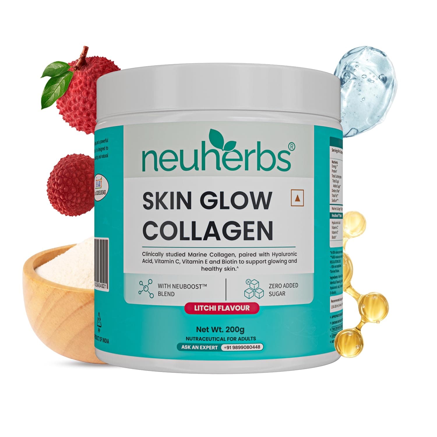 Neuherbs Collagen Supplement | Marine Skin Glow Collagen Peptides for Men & Women | With Hyaluronic Acid, Biotin, Vitamin C & E for Glowing & Youthful Skin | Litchi Flavour, 200g