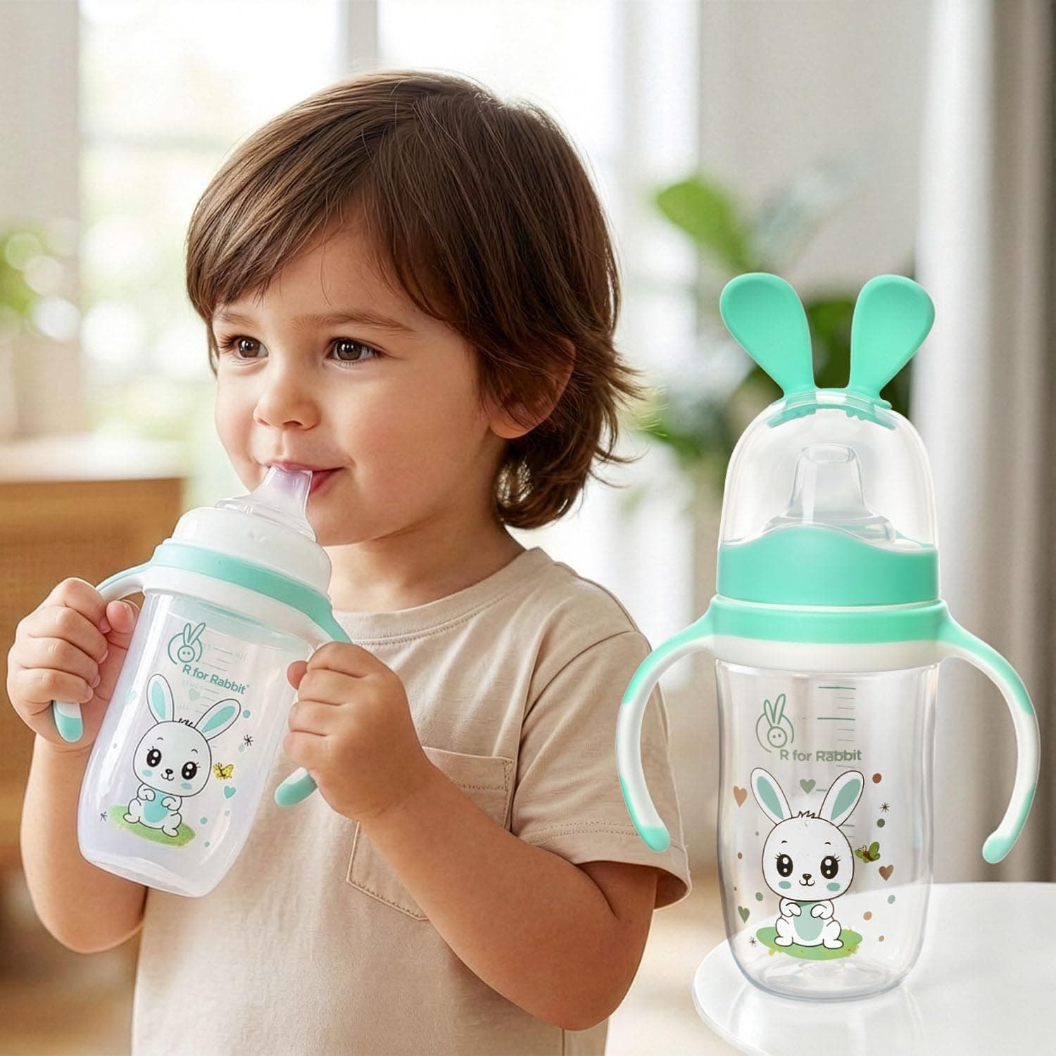 R for Rabbit Bunny Spout Sippy Cup 240 ML Bottle, Soft Silicon PP Spout Sipper for Kids 12+ Months - Green