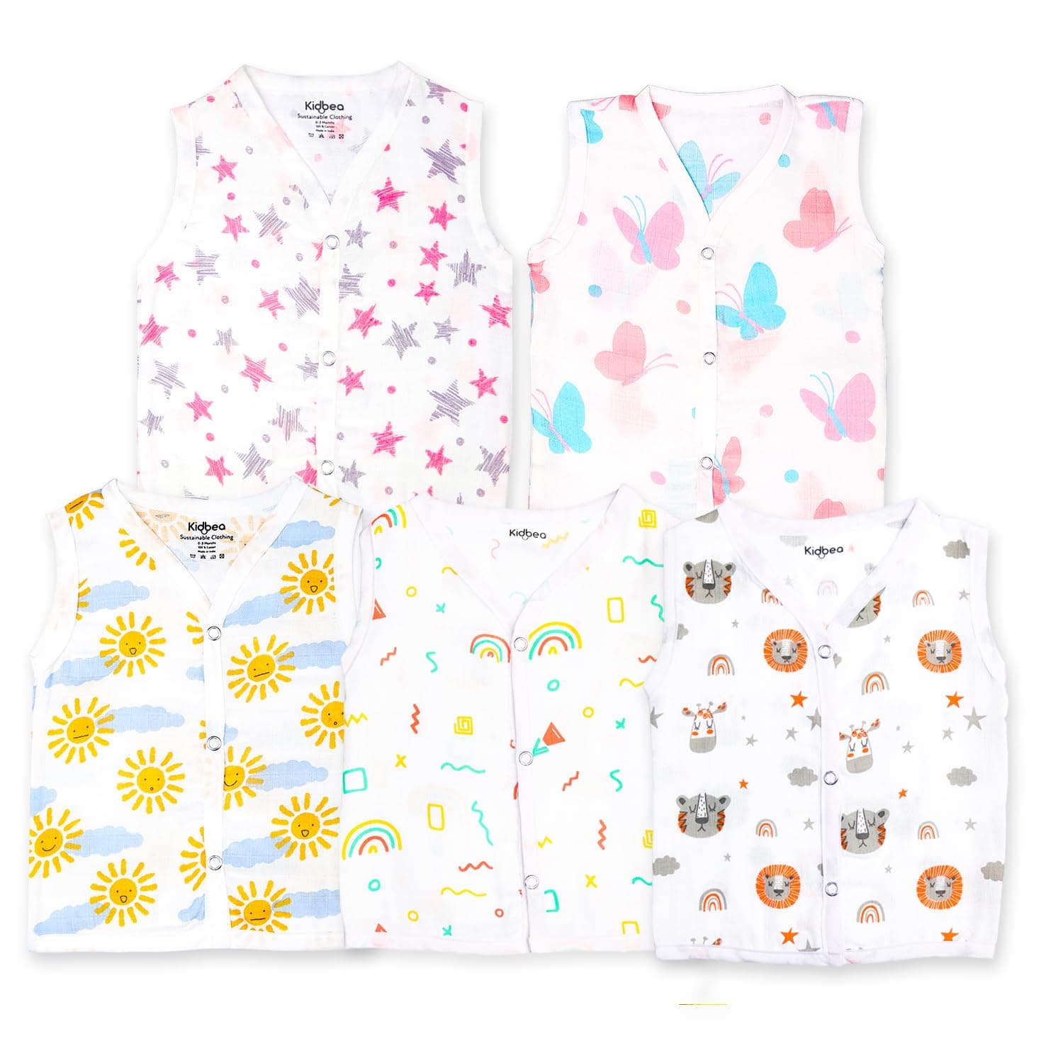 Kidbea Muslin Cotton Jhabla for Baby Boys Summer Wear Sleeveless Vest with Cute Star, Butterfly, Rainbows, Tiger & Sun Prints Pack of 5 (6-9 Months)