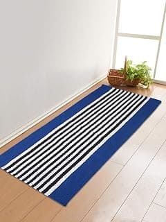 Saral Home Striped Designer Soft Cotton Durable & Washable Multipurpose Rugs/Runner | Quick-Drying Rugs for Home/Kitchen/Living Area/Lobby/Office Entrance with Anti Skid Backing (Blue, 45 Cm X 180 Cm)