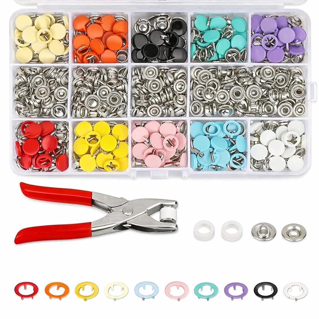 BAFATI Snap Button Kit with Pliers Tool – Metal Press Stud Buttons Set for Clothes, DIY Craft, Sewing, Jacket, Baby Clothes Repair Kit with Multicolor Caps & Fasteners (100 Sets 9.5mm)