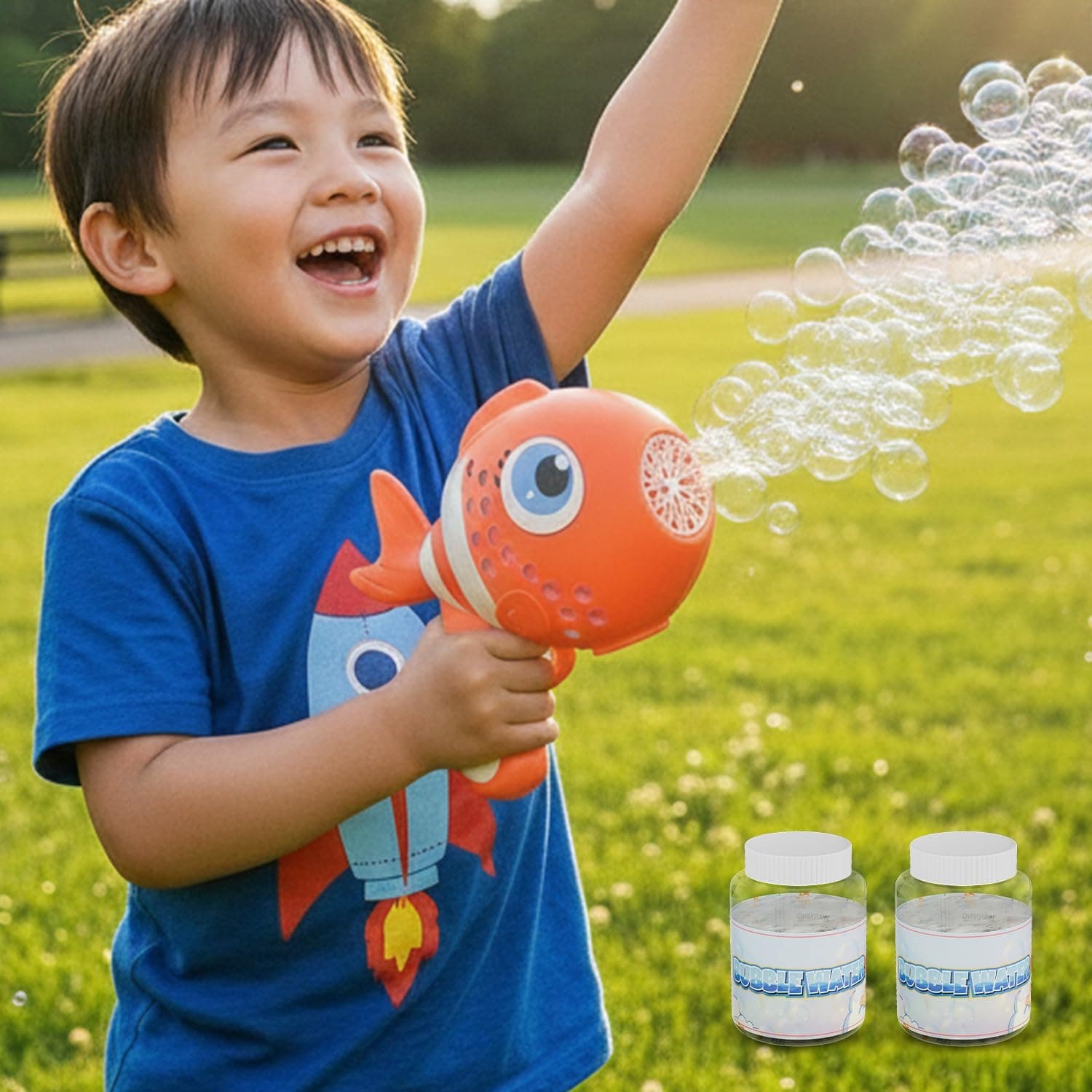 Lifelong Cuppy Rechargeable Clown Fish Automatic Bubble Gun Toy for Kids with Lights, Electric Bubble Machine, 2 Bubble Solutions, Long Fun Time, Type C Charging (Orange, LLCFBG01)