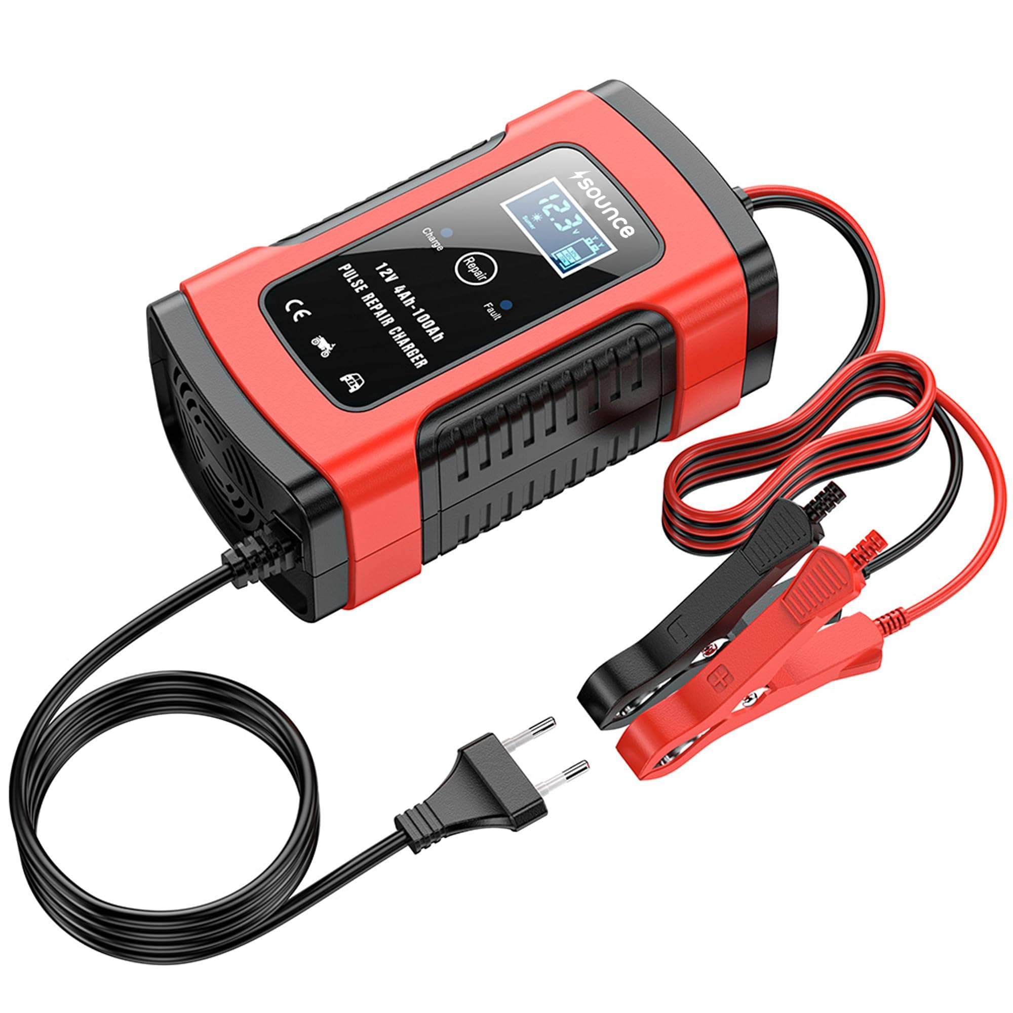 Sounce Fully Automatic 12V 5A Battery Charger & Maintainer Smart Car Battery Charger with Pulse Repair & Intelligent Digital Display EU Plug Compatible with Car, Motorcycle, Lawn Mower & More – Red