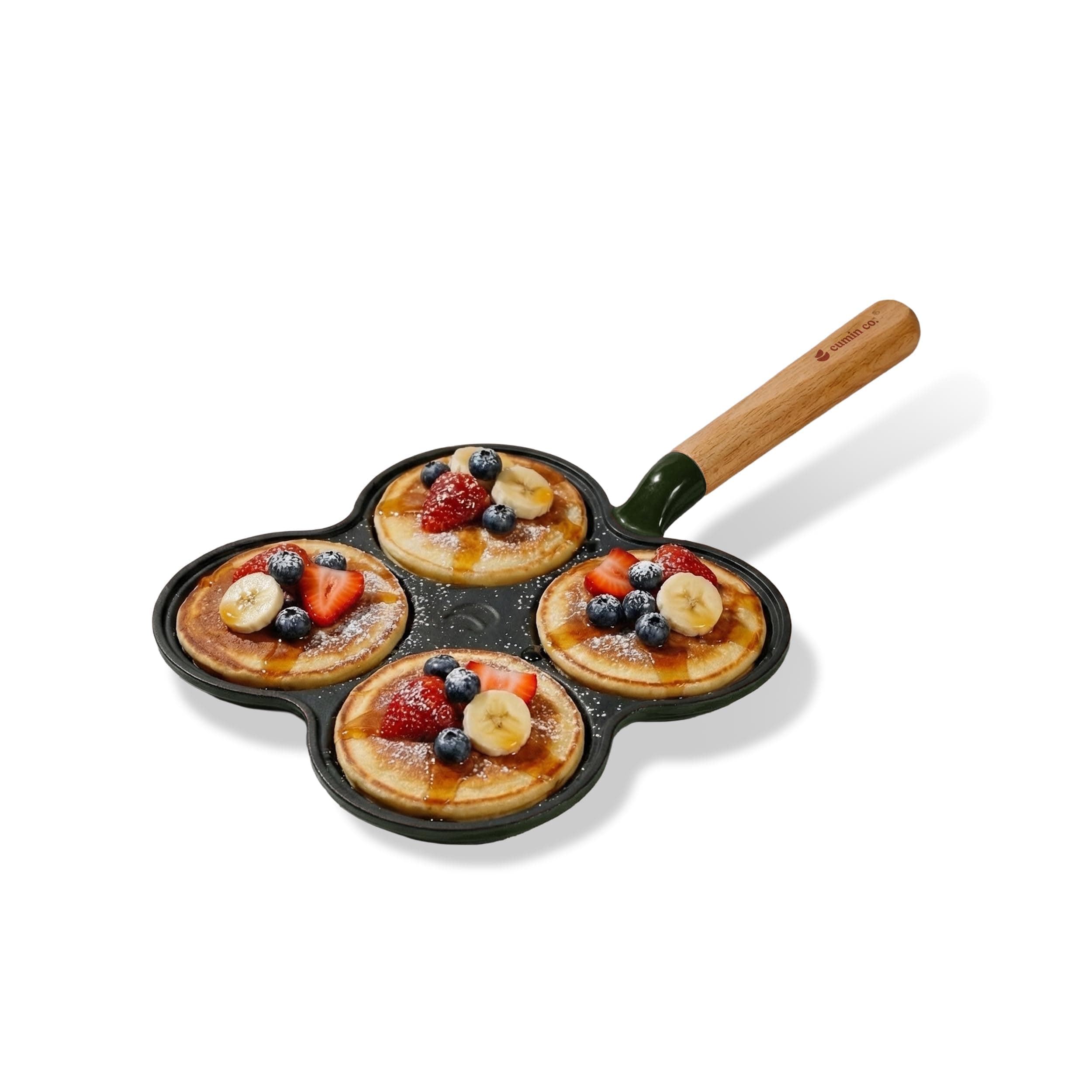 CUMIN CO. Cast Iron Pancake Pan | 28 cm |10 Year Warranty | Non Toxic Non Stick Pan for Pancakes, Uttapams & Mini Eggs | Chemical Free Coating | Free Accessories | No Seasoning Needed | Green