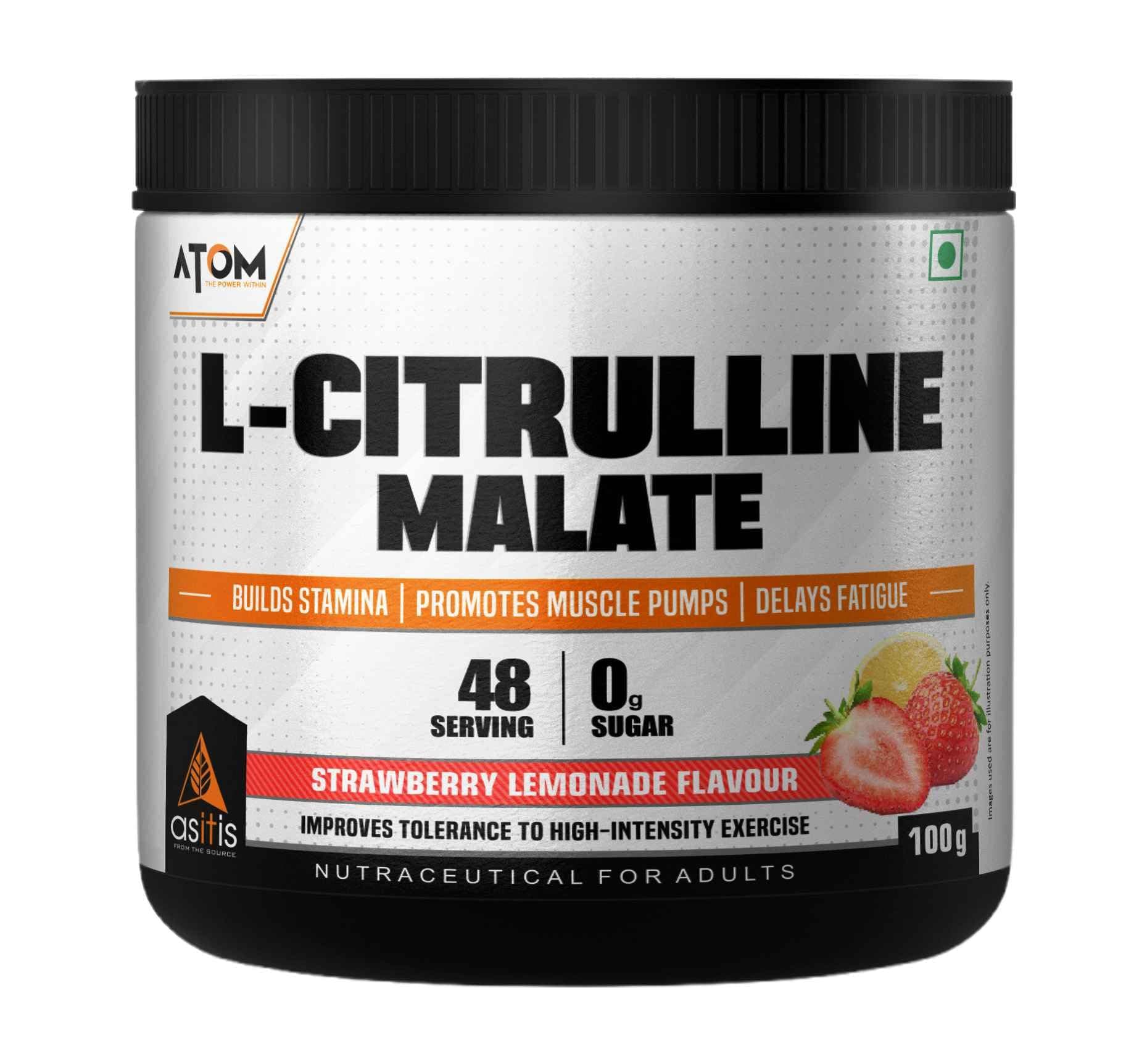 AS-IT-IS ATOM L Citrulline Malate 2:1-100gms | 48 servings | 0 Sugar | Improves Tolerance to High-Intensity exercise | Builds Stamina | Strawberry Lemonade