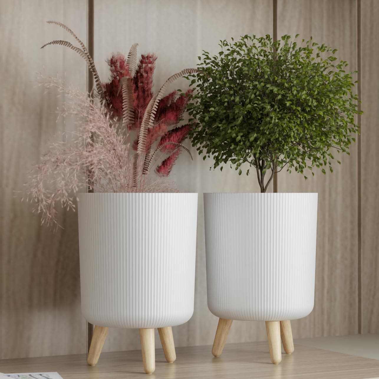 Copelle Modern White Flower Pot with Legs | Big Planter | Indoor Outdoor Planter for Home,Garden, Balcony Decor | Tall, Durable & Lightweight Planter | Italian Ribbed Design Stylex (Pack of 2)